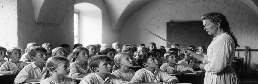 uciteljica in ucenci v šolski učilnici 18. stoletja