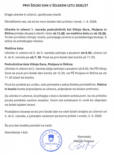 sporočilo o prvem šolskem dnevu